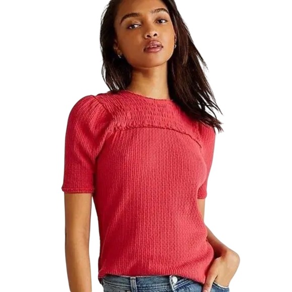 Free People Tops - Free People‎ Smocked Knit Top Ribbed Short Sleeve Tee Red XS